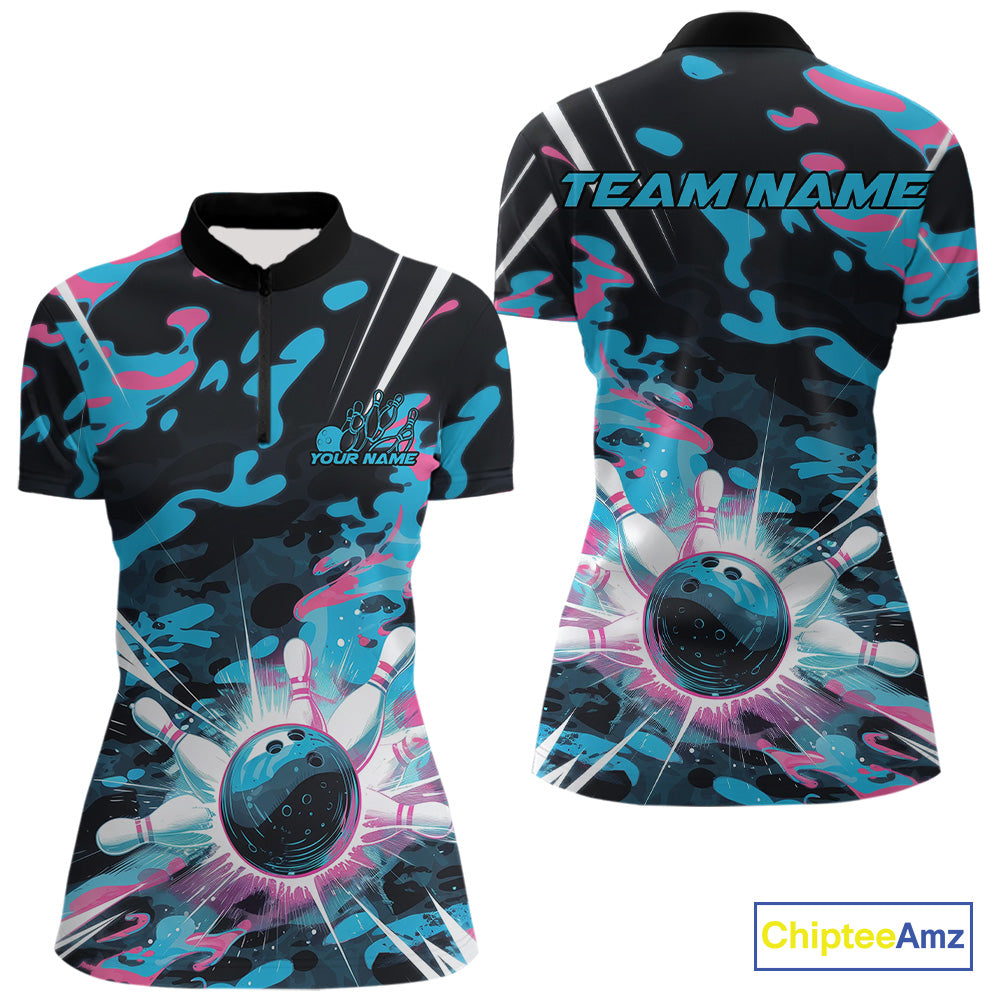 Custom Blue And Pink Camo Bowling Women Quarter-Zip Shirt, Camouflage Bowling Team Outfit IPHW9832