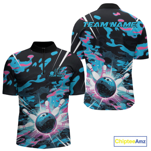 Custom Blue And Pink Camo Bowling Quarter-Zip Shirts For Men, Camouflage Bowling Team Outfit IPHW9832