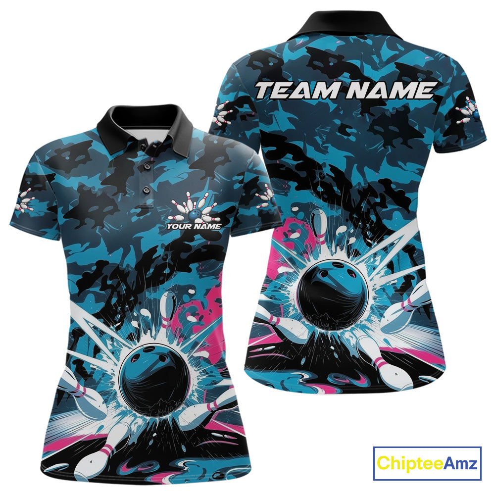 Custom Blue And Pink Camo Bowling Polo Shirts For Women, Camouflage Bowling Team Outfit IPHW9833