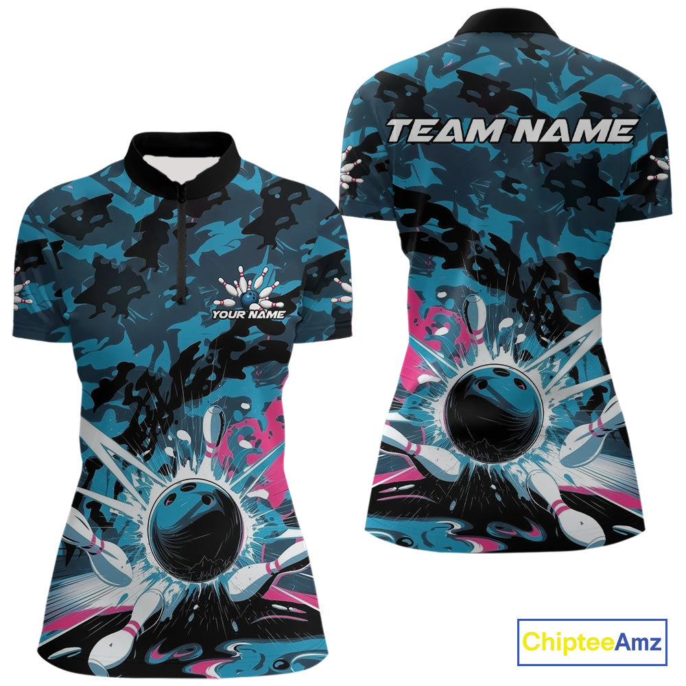 Custom Blue And Pink Camo Bowling Women Quarter-Zip Shirt, Camouflage Bowling Team Outfit IPHW9833