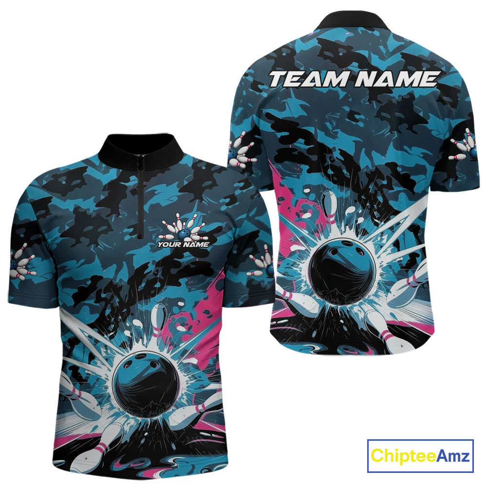 Custom Blue And Pink Camo Bowling Quarter-Zip Shirts For Men, Camouflage Bowling Team Outfit IPHW9833