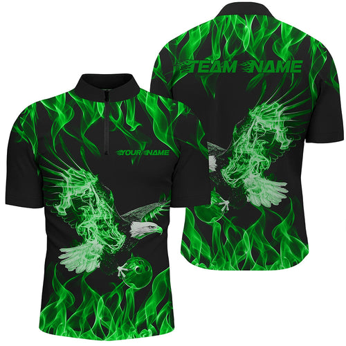 Green Flame Eagle Custom Bowling Team Shirts For Men, Fire Bowling League Shirt Bowler Outfit IPHW7947