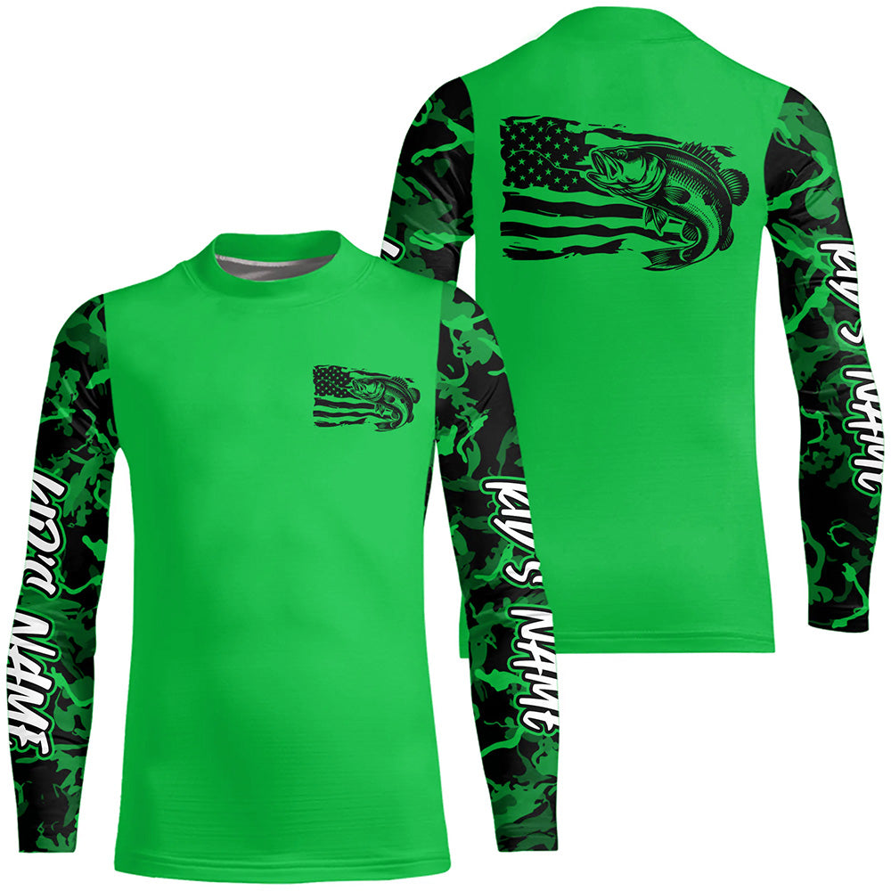 Green Camo US Largemouth Bass Custom Patrotic Kid Long Sleeve Fishing Shirt, Bass Fishing Jersey IPHW8134