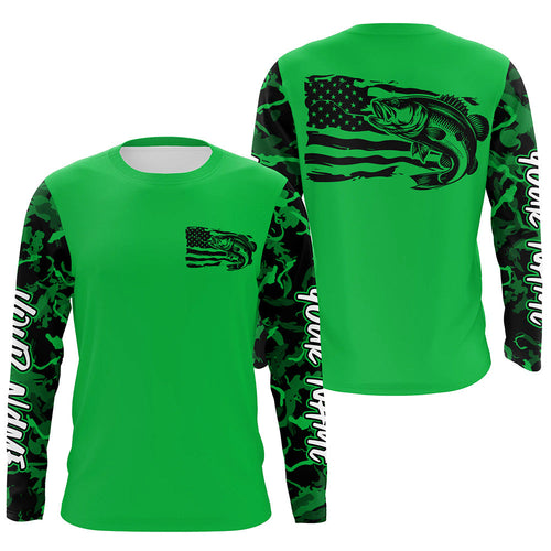 Green Camo US Flag Largemouth Bass Custom Patrotic Long Sleeve Fishing Shirt, Bass Fishing Jersey IPHW8134