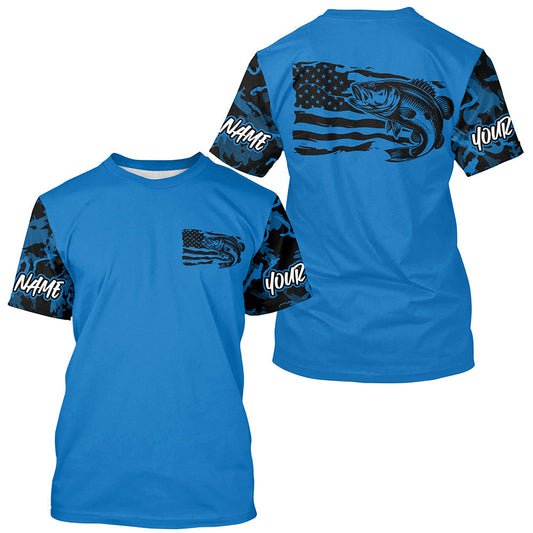 Blue Camo US Flag Largemouth Bass Custom Patrotic Fishing T-Shirts, Bass Fishing Jersey IPHW8135