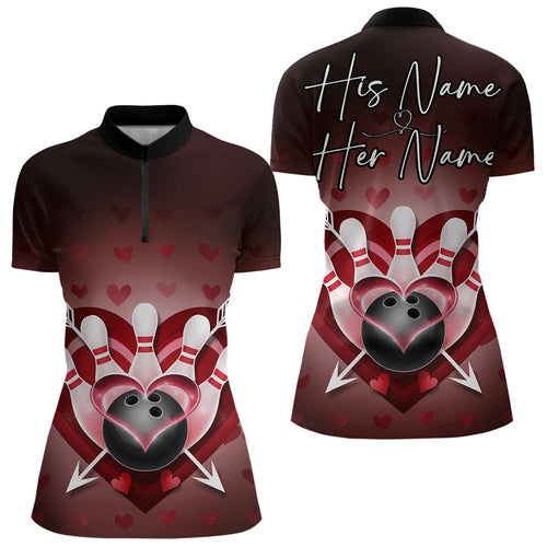Custom Valentine Bowling Heart And Arrow Quarter-Zip Shirt For Women, Couple Bowling Outfit IPHW8368