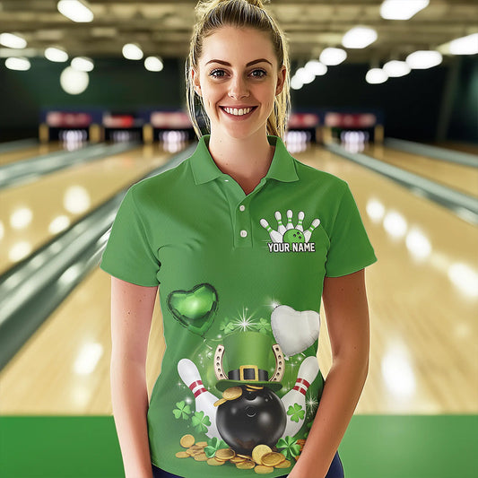 Custom Green St Patrick'S Day Bowling Polo Shirts For Women, Team Bowling Outfits IPHW8373
