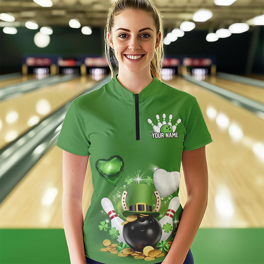 Custom Green St Patrick'S Day Bowling Team Quarter-Zip Shirts For Women IPHW8373