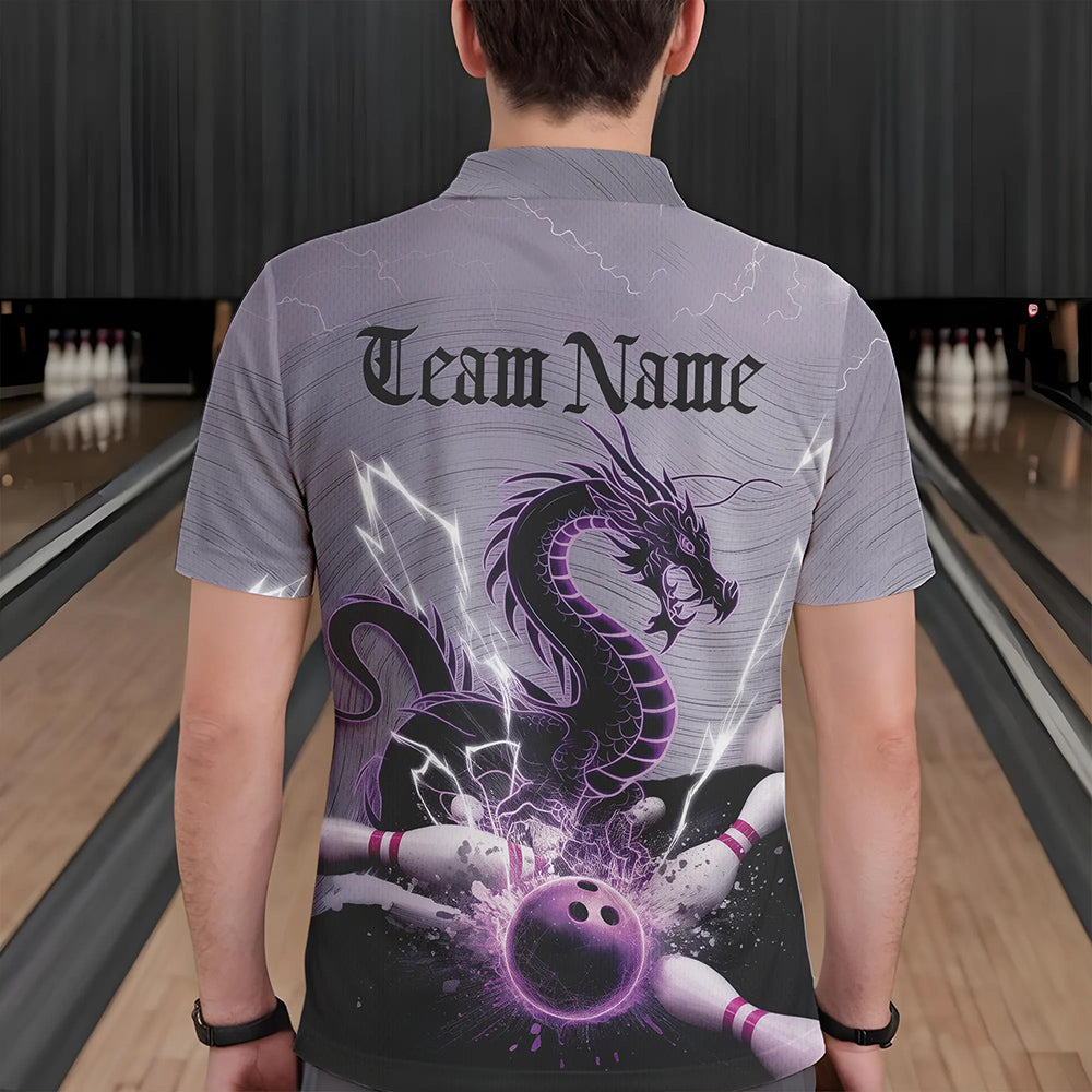 Custom Purple Thunder Lightning Dragon Bowling Polo Shirts For Men, Bowling Team Uniform IPHW8558