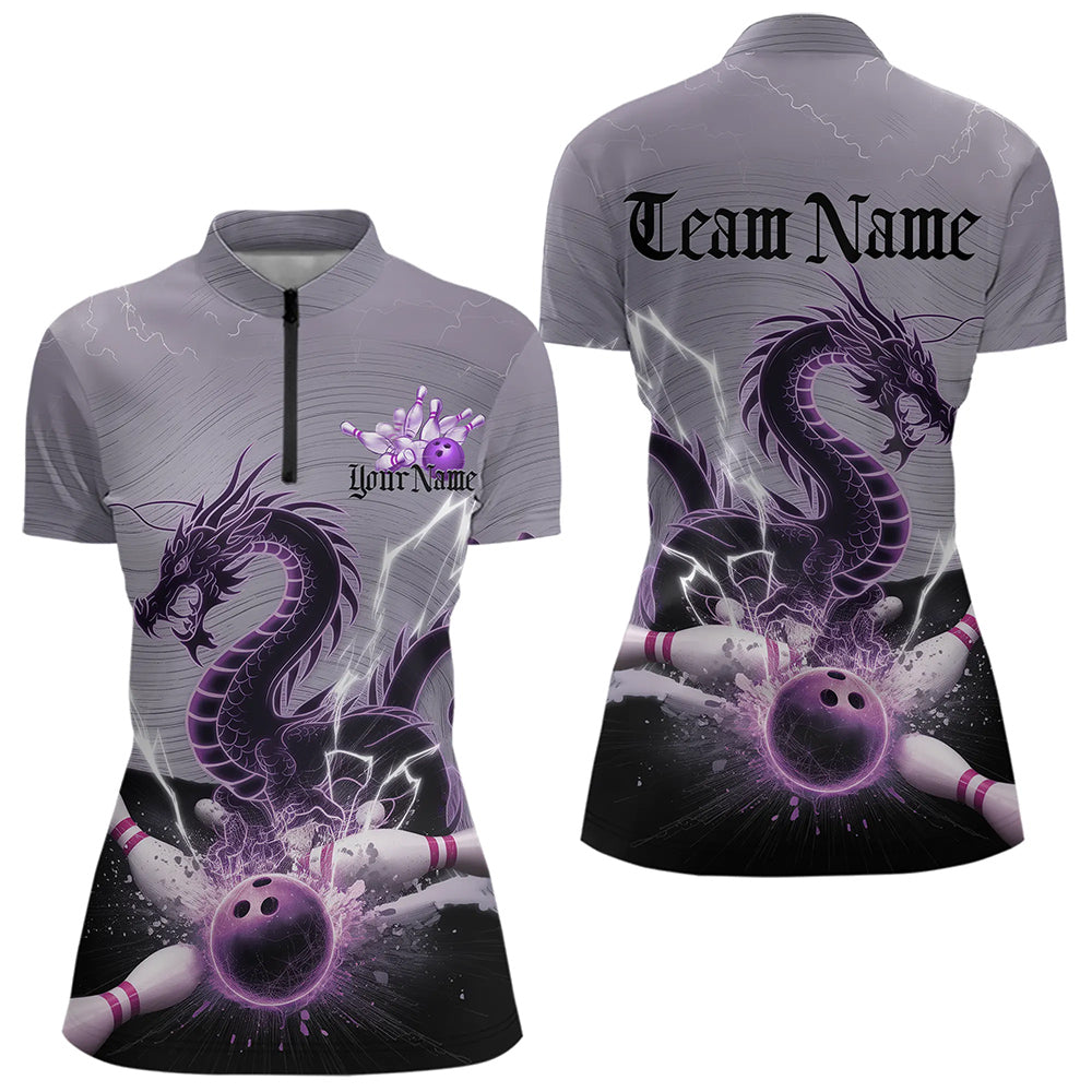 Custom Purple Thunder Lightning Dragon Bowling Quarter-Zip Shirts For Women, Bowling Team Uniform IPHW8558