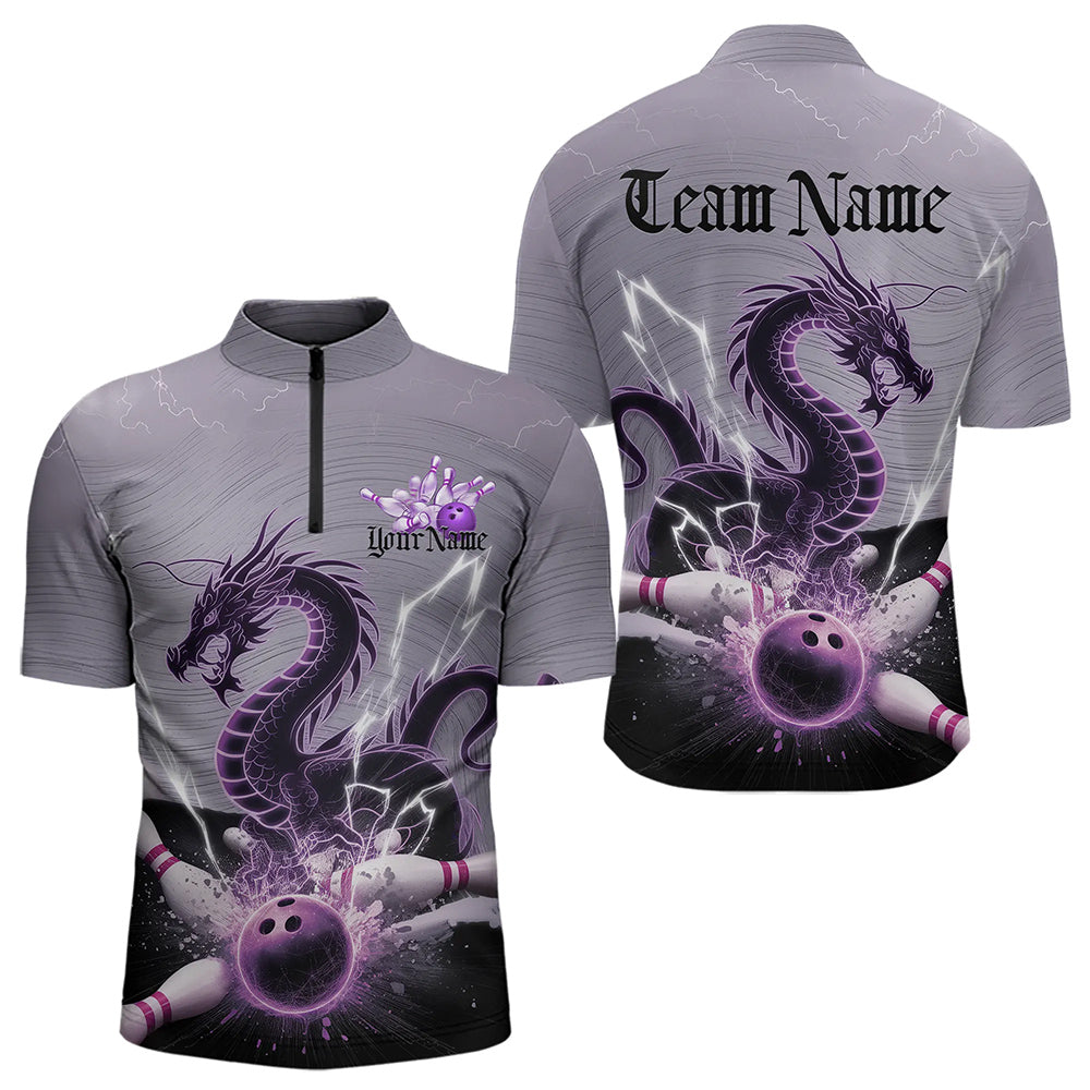 Custom Purple Thunder Lightning Dragon Bowling Quarter-Zip Shirts For Men, Bowling Team Uniform IPHW8558