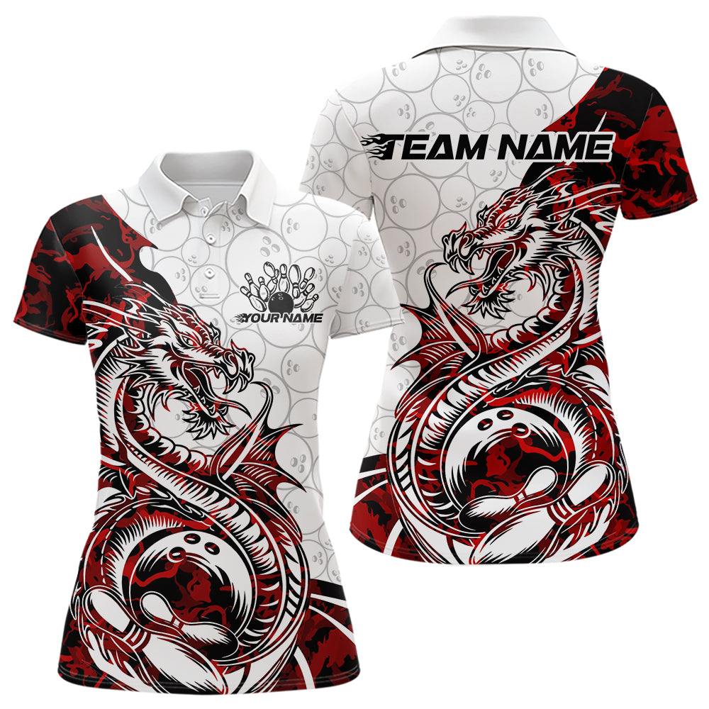 Custom Red Camo Dragon Bowling Tattoo Women Polo Shirts, Dragon Bowling League Team Shirt IPHW8883