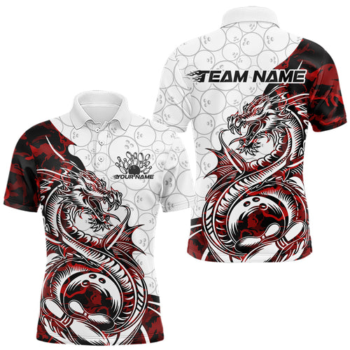 Custom Red Camo Dragon Bowling Tattoo Men Polo Shirts, Dragon Bowling League Team Shirt IPHW8883
