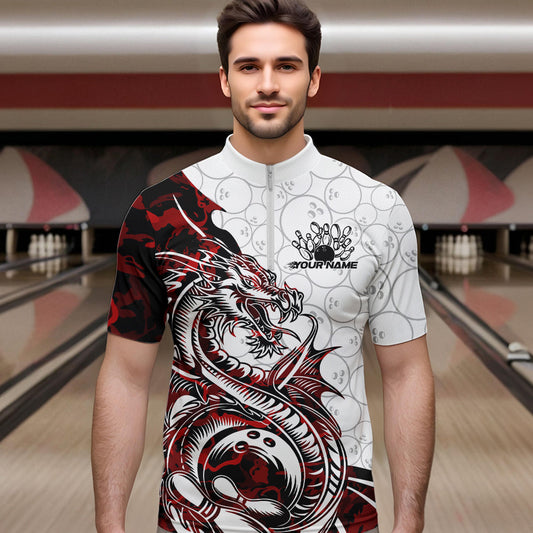 Custom Red Camo Dragon Bowling Tattoo Men Quarter-Zip Shirts, Dragon Bowling League Team Shirt IPHW8883
