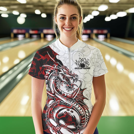 Custom Red Camo Dragon Bowling Tattoo Women Quarter-Zip Shirts, Dragon Bowling League Shirt IPHW8883