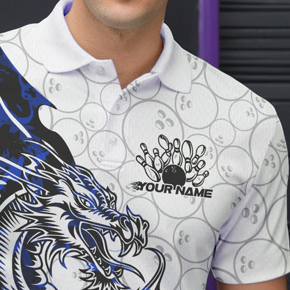 Custom Blue Camo Dragon Bowling Tattoo Men Polo Shirts, Dragon Bowling League Team Shirt IPHW8884