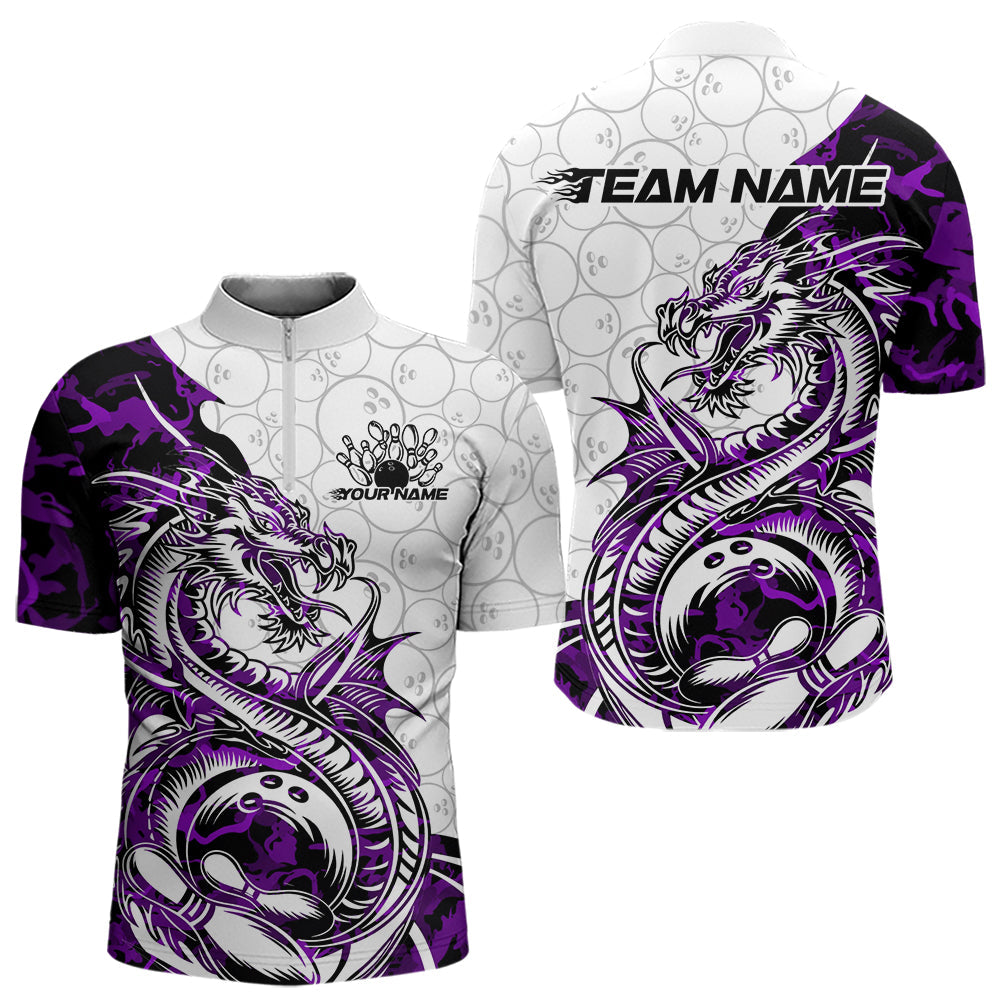 Custom Purple Camo Dragon Bowling Tattoo Men Quarter-Zip Shirts, Dragon Bowling League Team Shirt IPHW8885