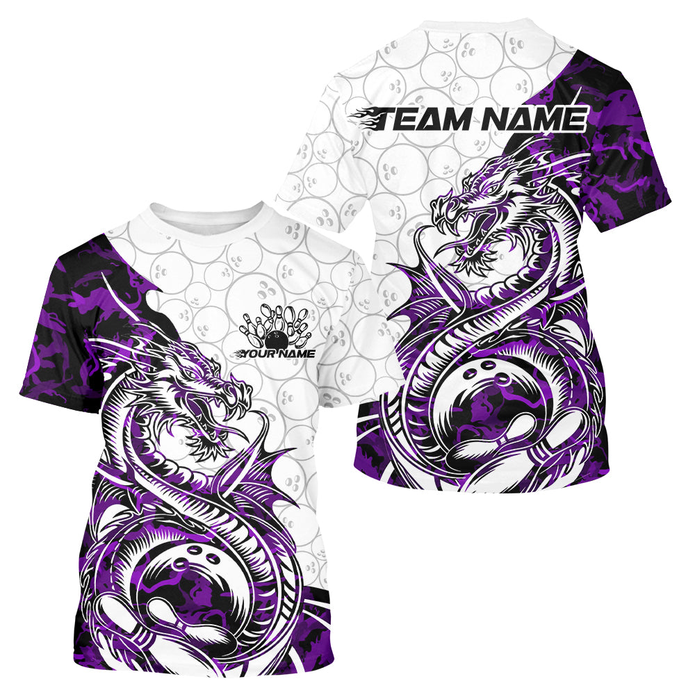 Custom Purple Camo Dragon Bowling Tattoo Men T-Shirts, Dragon Bowling League Team IPHW8885