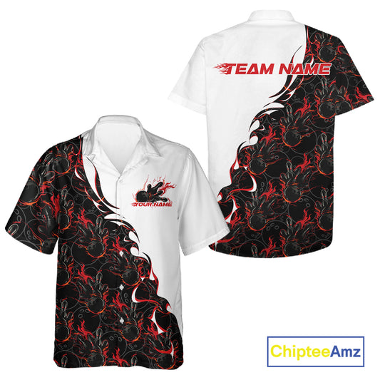 Front and back view of a white button-up bowling shirt mockup featuring red and black flame bowling pattern with bold sporty graphics.