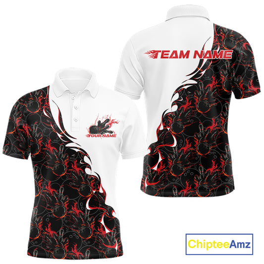 Front and back view of a white mens bowling polo shirt mockup featuring red and black flame bowling pattern with bold sporty graphics.