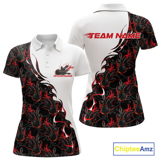 Front and back view of womens polo shirt mockup, white shirt featuring red and black flame bowling pattern artwork, clean apparel presentation