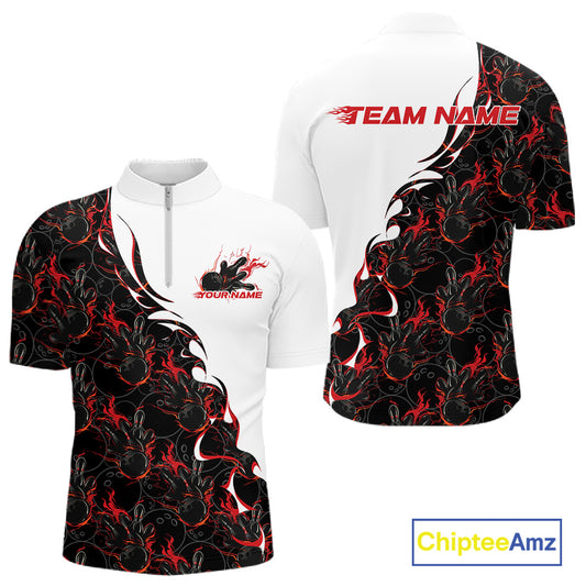 Mens quarter zip bowling shirt mockup displaying white shirt with red and black flame bowling pattern in a strong front and back design