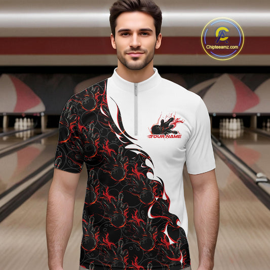 Male model in a bowling lane wearing white quarter zip shirt, front view featuring red and black flame bowling pattern with energetic sports artwork