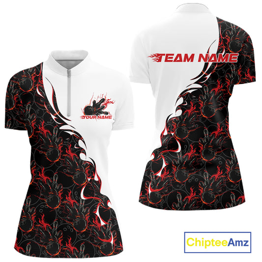 Front and back view of a womens white bowling quarter-zip shirt mockup showcasing red and black flame bowling pattern with bold dynamic sports styling.