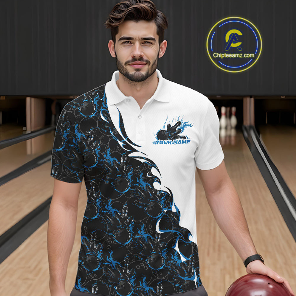 Front view of a male model in a bowling lane wearing a white polo shirt with blue and black flame bowling pattern and energetic bowling visuals.