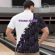 Load image into Gallery viewer, Male model in a bowling alley wearing white quarter zip shirt, front view featuring purple and black flame pattern with striking bowling-themed visuals