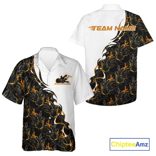 Front and back view of a white button-up bowling shirt mockup featuring yellow and black flame bowling pattern with bold athletic bowling visuals.