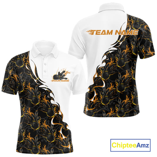 Front and back view of a white mens bowling polo shirt mockup featuring yellow and black flame bowling pattern with bold athletic graphics.