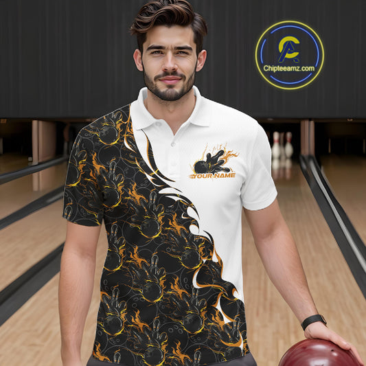 Front view of a male model in a bowling lane wearing a white polo shirt with yellow and black flame bowling pattern and energetic bowling action visuals.