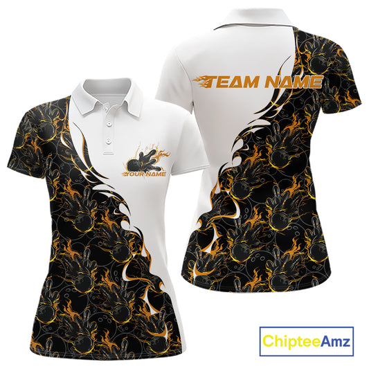 Front and back view of a white womens bowling polo shirt mockup featuring yellow and black flame bowling pattern with dynamic sporty graphics.
