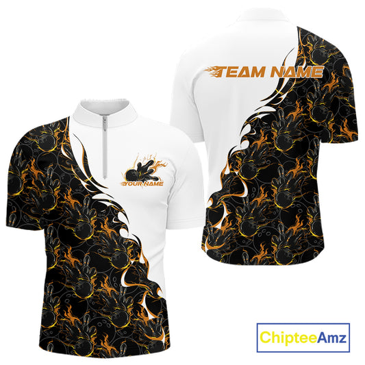 Mens quarter zip bowling shirt mockup featuring white shirt with yellow and black flame bowling pattern in a high-energy sportswear design