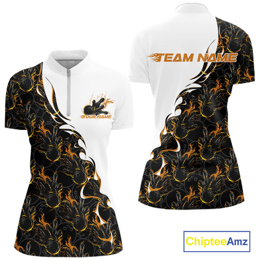 Front and back view of a womens white bowling quarter-zip shirt mockup featuring yellow and black flame bowling pattern with dynamic sporty graphics.
