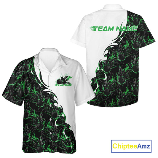 Front and back view of a white button-up bowling shirt mockup featuring green and black flame bowling pattern with clean sporty design graphics.