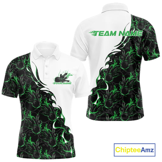 Front and back view of a white mens bowling polo shirt mockup featuring green and black flame bowling pattern with clean sporty graphics.