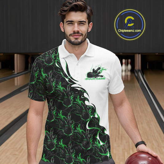 Front view of a male model in a bowling lane wearing a white polo shirt with green and black flame bowling pattern and dynamic bowling visuals.