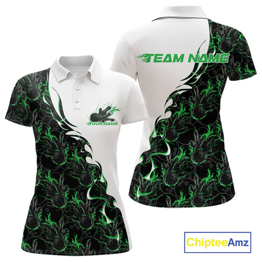 Front and back view of a white womens bowling polo shirt mockup featuring green and black flame bowling pattern with bold sporty bowling styling.