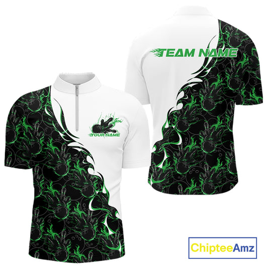 Mens quarter zip bowling shirt mockup displaying white shirt with green and black flame bowling pattern in a bold and energetic sports design