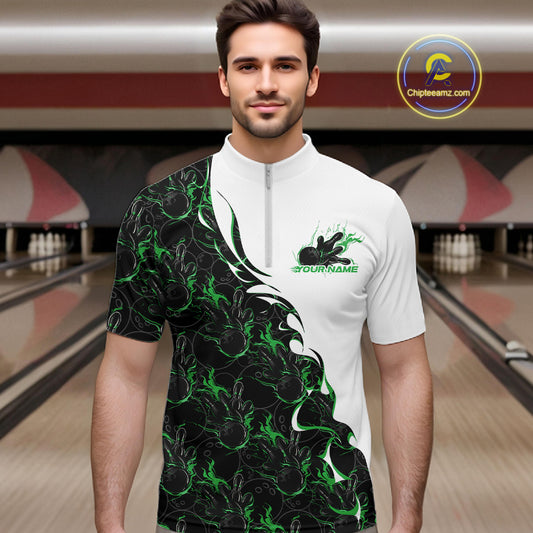 Male model in a bowling alley wearing white quarter zip shirt, front view showcasing green and black flame bowling pattern with dynamic bowling-themed artwork