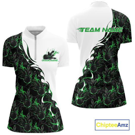 Front and back view of a white bowling quarter-zip shirt mockup with green and black flame bowling pattern, showcasing bold sporty bowling-themed graphics.