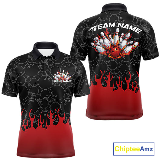 Front and back view of a mens black bowling polo shirt mockup featuring bowling ball pattern with vibrant red flames rising and dynamic flaming bowling graphics.