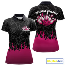 Load image into Gallery viewer, Front and back view of a womens black polo shirt mockup featuring bowling ball pattern with vibrant pink flames rising from the bottom and sporty bowling illustration.