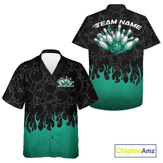 Front and back view of a black button-up bowling shirt mockup featuring bowling ball pattern with vibrant turquoise green flames rising and dynamic bowling action visuals.