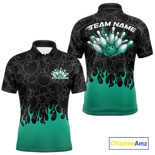Front and back view of a mens black bowling polo shirt mockup featuring vibrant turquoise green flames rising from the bottom with bowling ball pattern graphics.