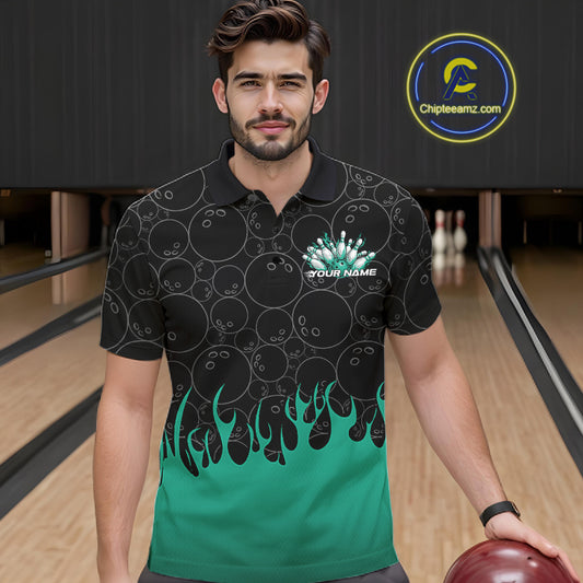 Front view of a male model in a bowling lane wearing a black polo shirt with turquoise green flames and dynamic bowling ball pattern design.
