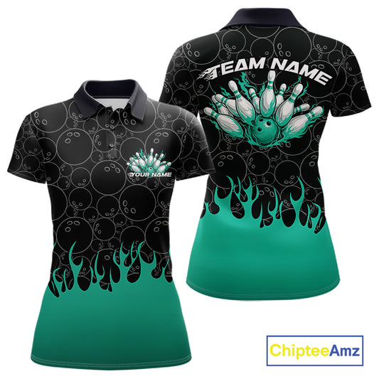 Front and back view of a womens black polo shirt mockup featuring vibrant turquoise green flames rising from the bottom with bowling ball pattern and dynamic bowling design.