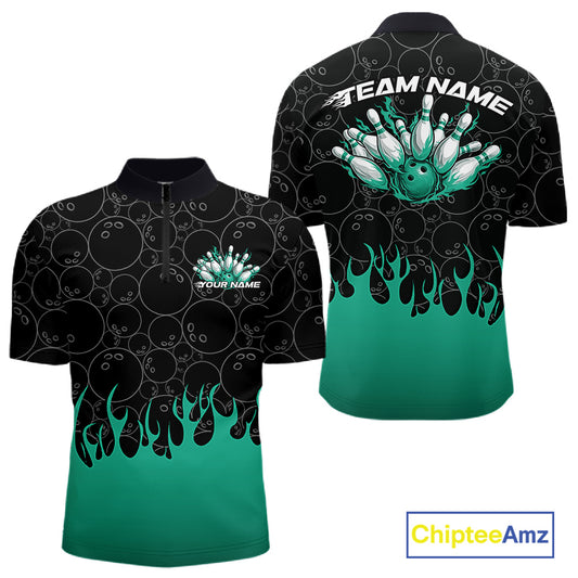 Mens quarter zip bowling shirt mockup featuring black shirt with bowling ball pattern and vibrant turquoise green flames rising from the lower design area